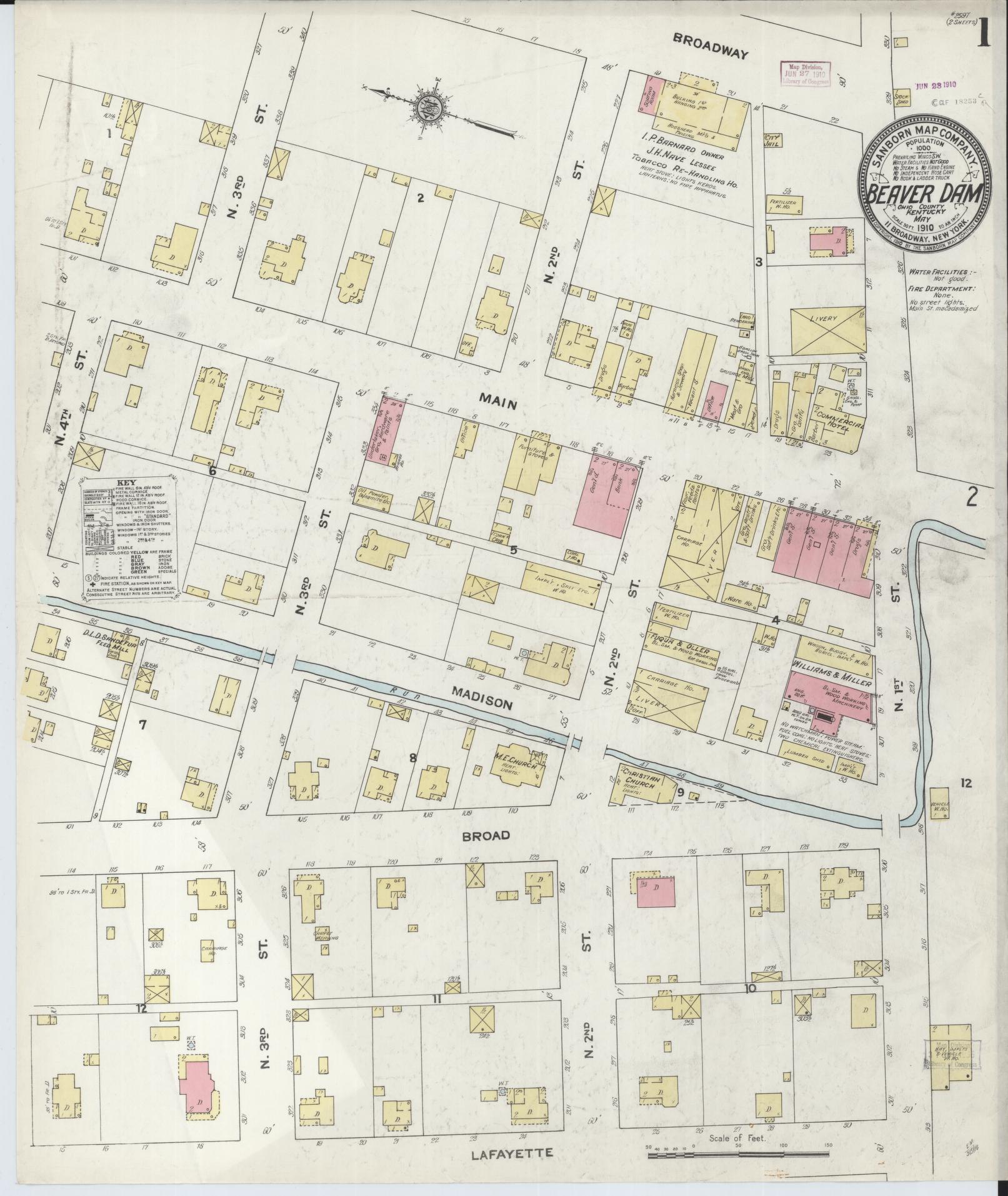 Sanborn Fire Insurance Map from Beaver Dam, Ohio County, Kentucky (1910), Sheet #0001 - Historic Sanborn Fire Insurance Map Print, vintage old map wall art, antique decor, genealogy gift, Kentucky Kentucky map