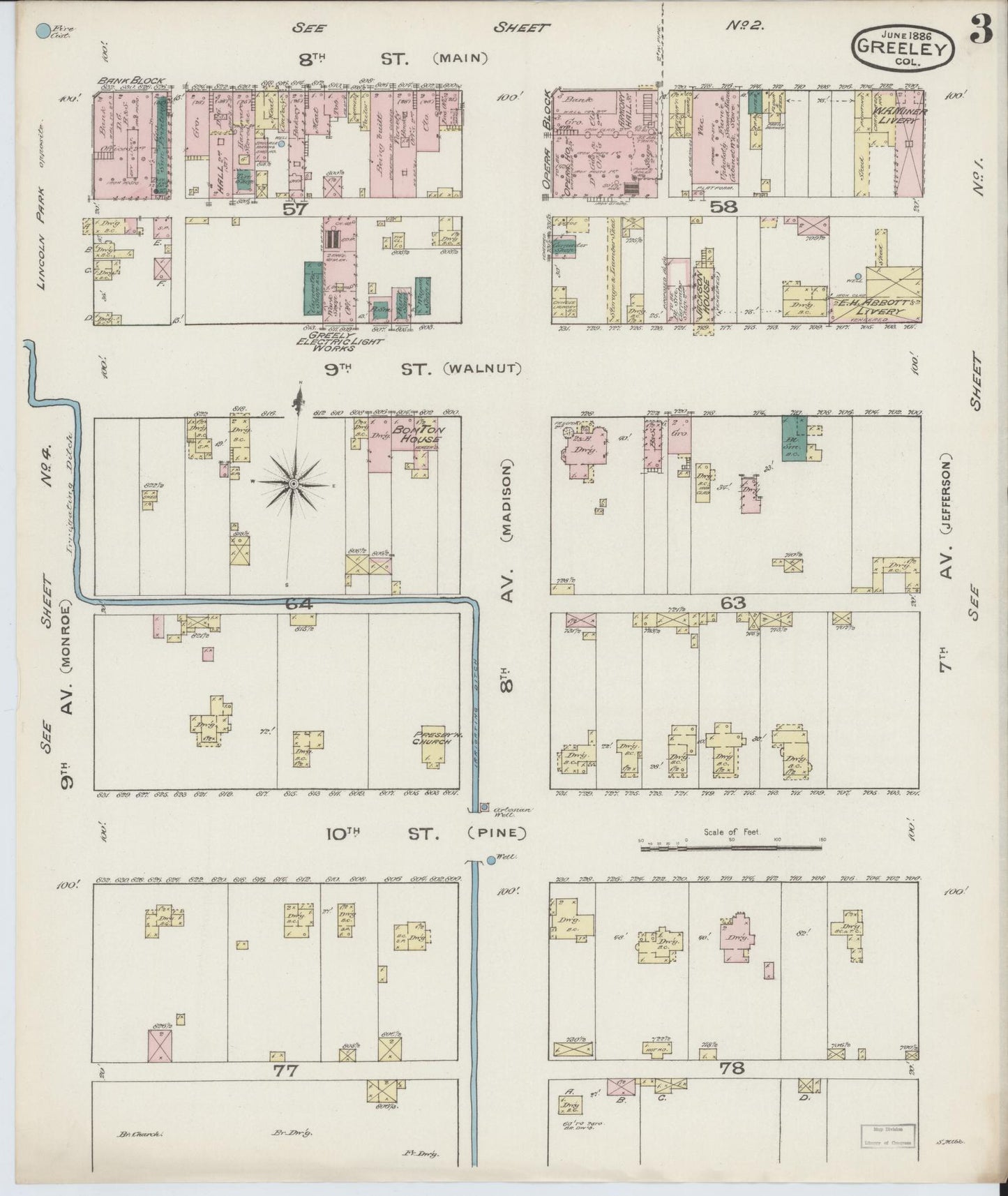 Sanborn Fire Insurance Map from Greeley, Weld County, Colorado (1886), Sheet #0003 - Complete Map Set gallery image, historic Sanborn map, vintage wall art, Colorado Colorado