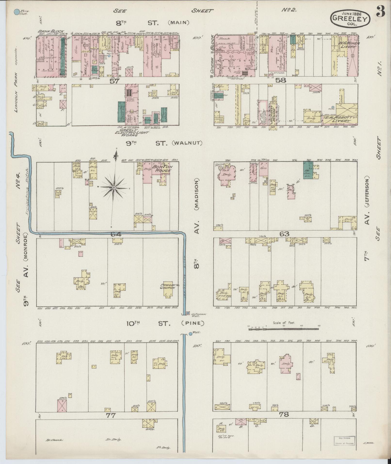 Sanborn Fire Insurance Map from Greeley, Weld County, Colorado (1886), Sheet #0003 - Complete Map Set gallery image, historic Sanborn map, vintage wall art, Colorado Colorado