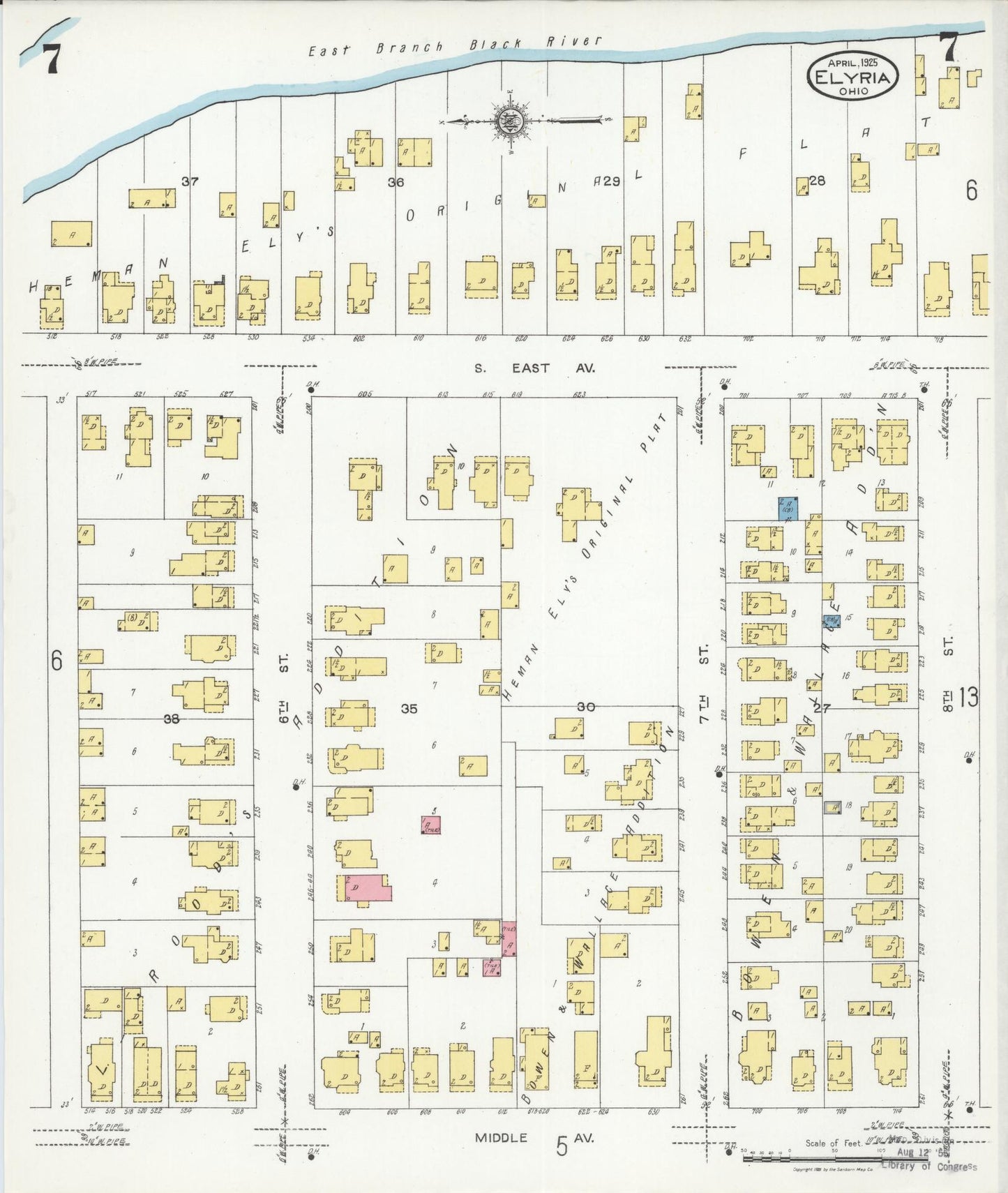 Sanborn Fire Insurance Map from Elyria, Lorain County, Ohio (1925), Sheet #0007 - Historic Sanborn Fire Insurance Map Print, vintage old map wall art, antique decor, genealogy gift, Ohio Ohio map