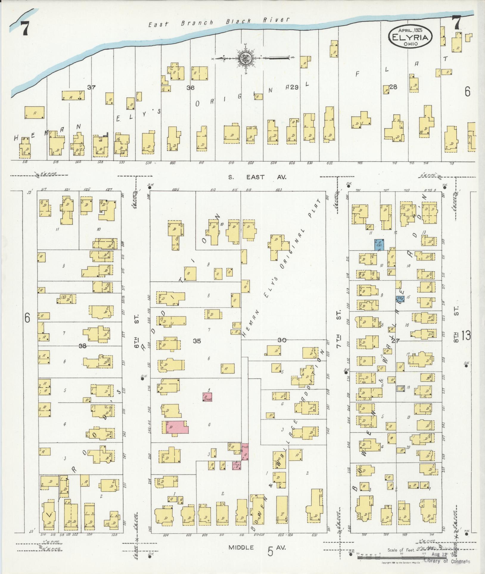 Sanborn Fire Insurance Map from Elyria, Lorain County, Ohio (1925), Sheet #0007 - Historic Sanborn Fire Insurance Map Print, vintage old map wall art, antique decor, genealogy gift, Ohio Ohio map