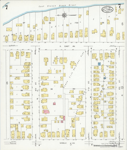 Sanborn Fire Insurance Map from Elyria, Lorain County, Ohio (1925), Sheet #0007 - Historic Sanborn Fire Insurance Map Print, vintage old map wall art, antique decor, genealogy gift, Ohio Ohio map