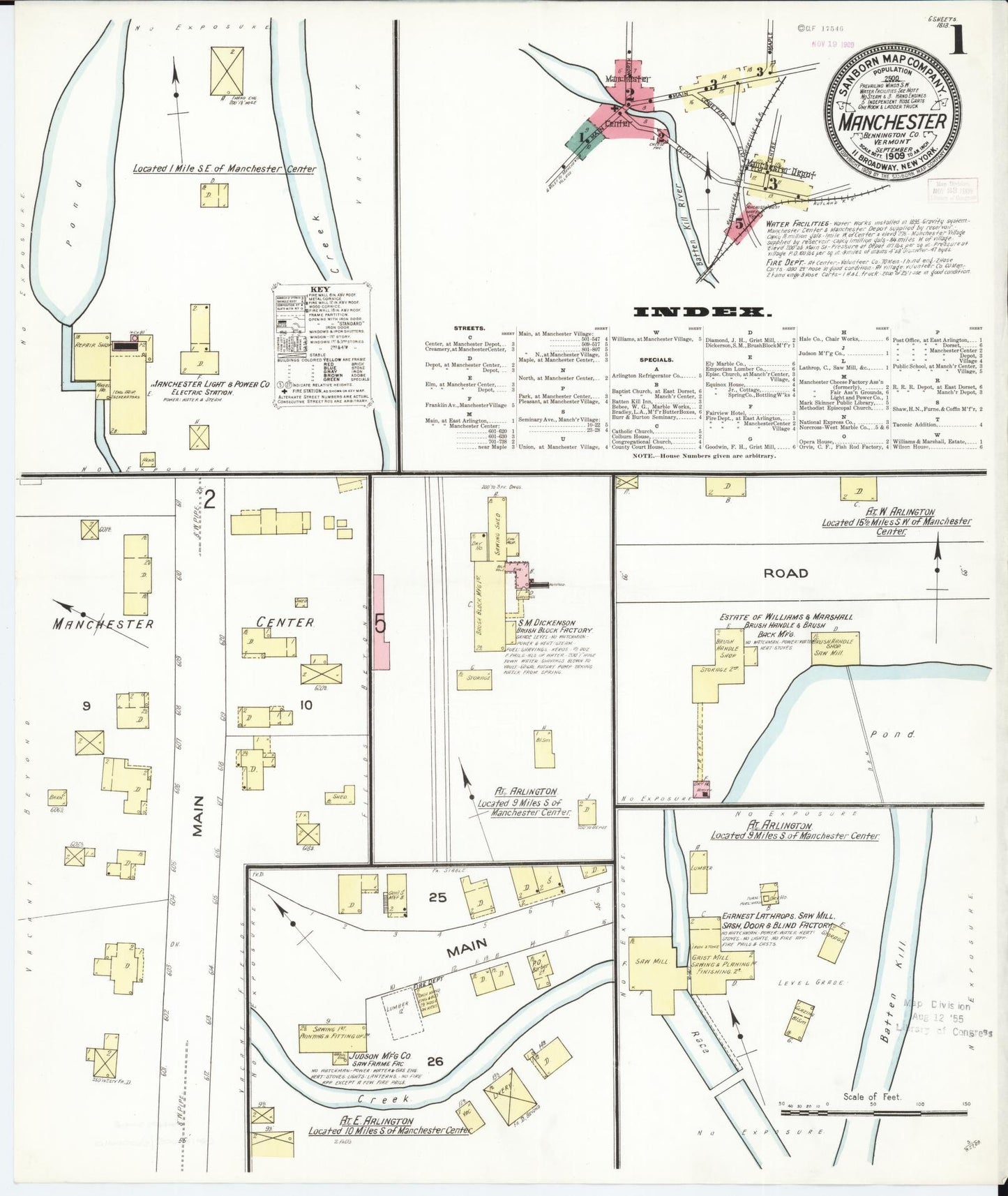 Sanborn Fire Insurance Map from Manchester, Bennington County, Vermont. (1909), Sheet 1 – Historic Sanborn Fire Insurance Map Print
