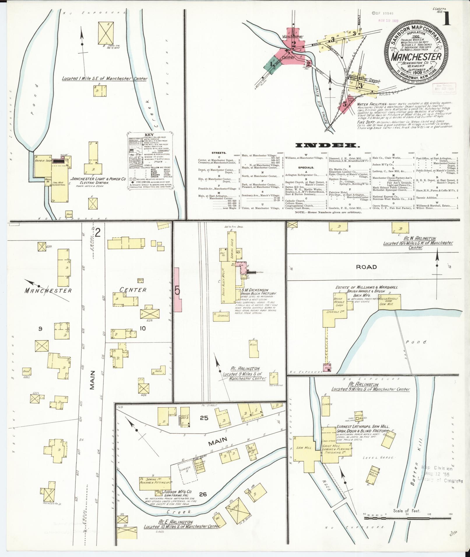 Sanborn Fire Insurance Map from Manchester, Bennington County, Vermont. (1909), Sheet 1 – Historic Sanborn Fire Insurance Map Print