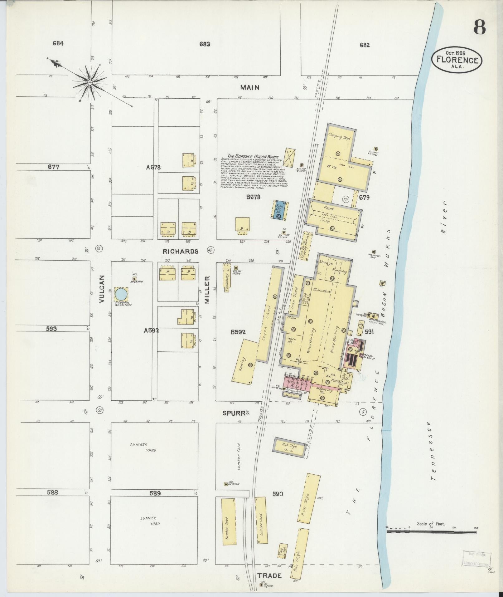 Sanborn Fire Insurance Map from Florence, Lauderdale County, Alabama (1905), Sheet #0008 - Complete Map Set gallery image, historic Sanborn map, vintage wall art, Alabama Alabama