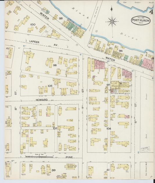Sanborn Fire Insurance Map from Port Huron, Saint Clair County, Michigan (1887), Sheet #0004 - Historic Sanborn Fire Insurance Map Print, vintage old map wall art, antique decor, genealogy gift, Michigan Michigan map