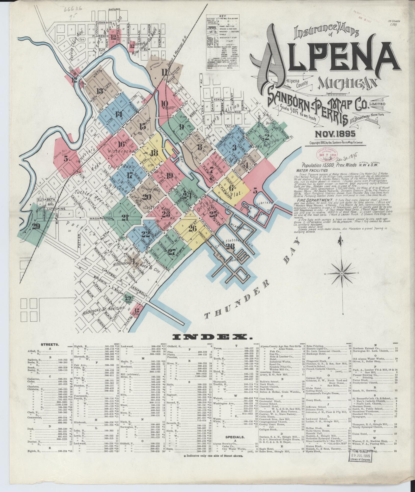 Sanborn Fire Insurance Map from Alpena, Alpena County, Michigan (1895), Sheet #0001 - Historic Sanborn Fire Insurance Map Print, vintage old map wall art, antique decor, genealogy gift, Michigan Michigan map