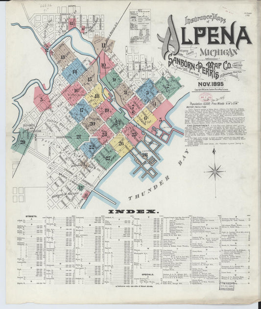 Sanborn Fire Insurance Map from Alpena, Alpena County, Michigan (1895), Sheet #0001 - Historic Sanborn Fire Insurance Map Print, vintage old map wall art, antique decor, genealogy gift, Michigan Michigan map