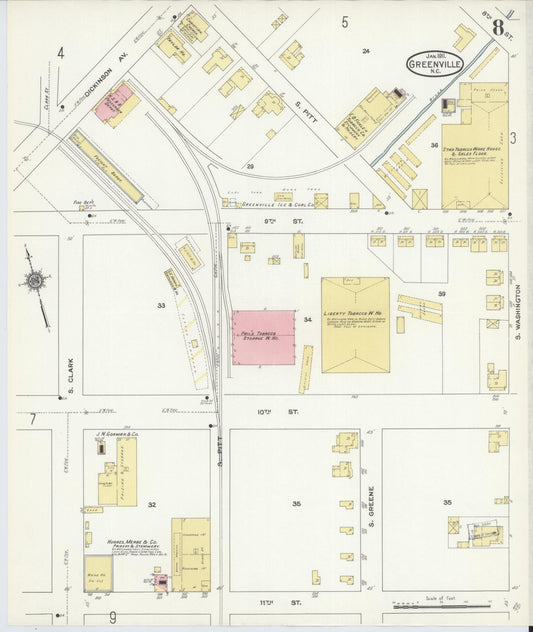 Sanborn Fire Insurance Map from Greenville, Pitt County, North Carolina (1911), Sheet #0008 - Historic Sanborn Fire Insurance Map Print, vintage old map wall art, antique decor, genealogy gift, North Carolina North Carolina map