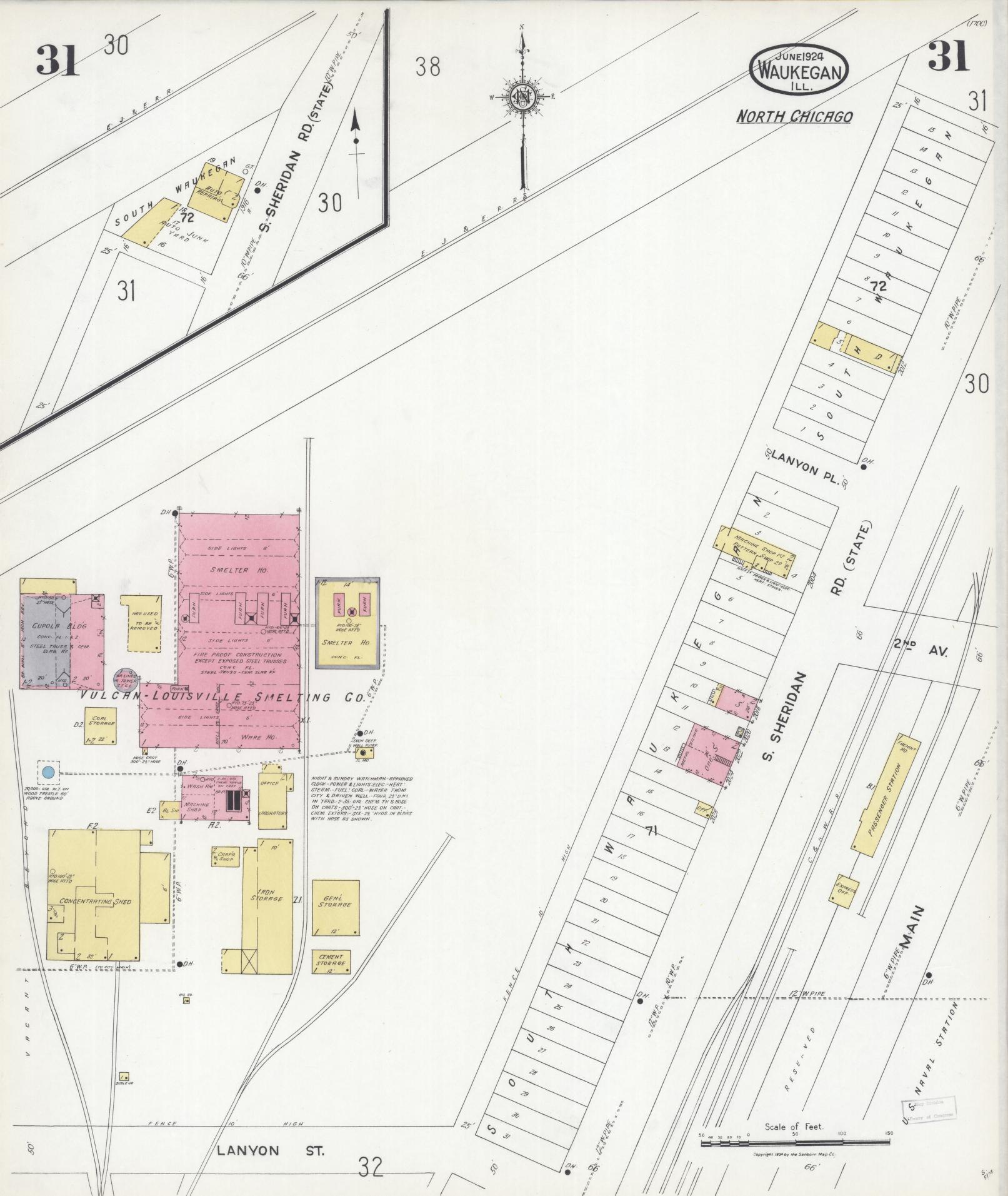 Sanborn Fire Insurance Map from Waukegan, Lake County, Illinois (1924), Sheet #0031 - Complete Map Set gallery image, historic Sanborn map, vintage wall art, Illinois Illinois