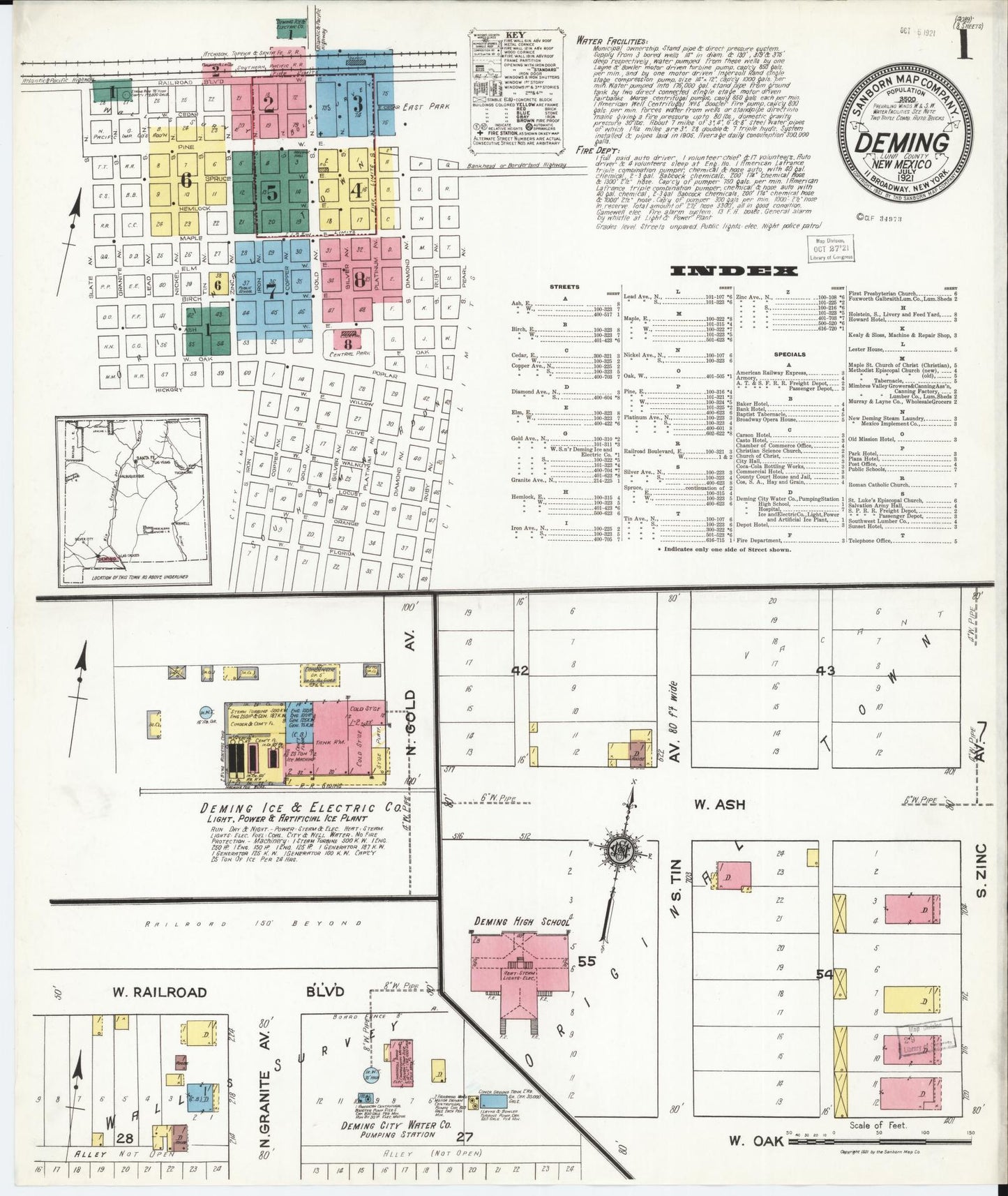 Sanborn Fire Insurance Map from Deming, Luna County, New Mexico (1921), Sheet #0001 - Complete Map Set gallery image, historic Sanborn map, vintage wall art, New Mexico New Mexico