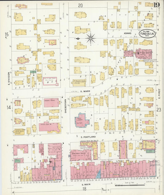 Sanborn Fire Insurance Map from Fond du Lac, Fond du Lac County, Wisconsin (1908), Sheet #0019 - Historic Sanborn Fire Insurance Map Print, vintage old map wall art, antique decor, genealogy gift, Wisconsin Wisconsin map
