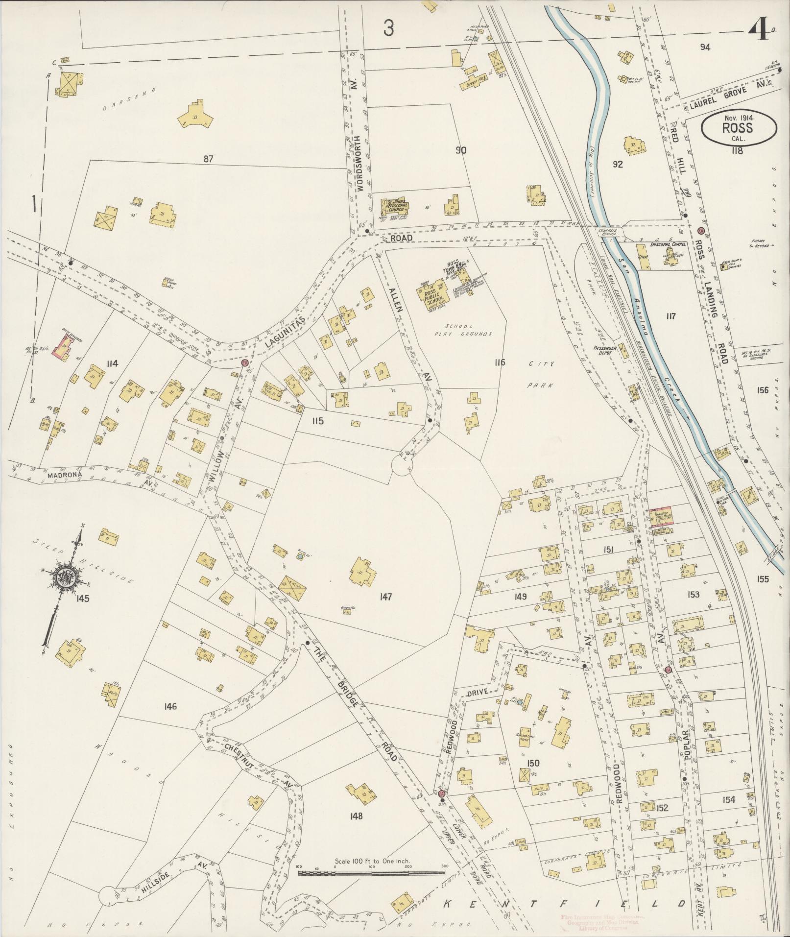 Sanborn Fire Insurance Map from Ross, Marin County, California (1914), Sheet #0004 - Complete Map Set gallery image, historic Sanborn map, vintage wall art, California California