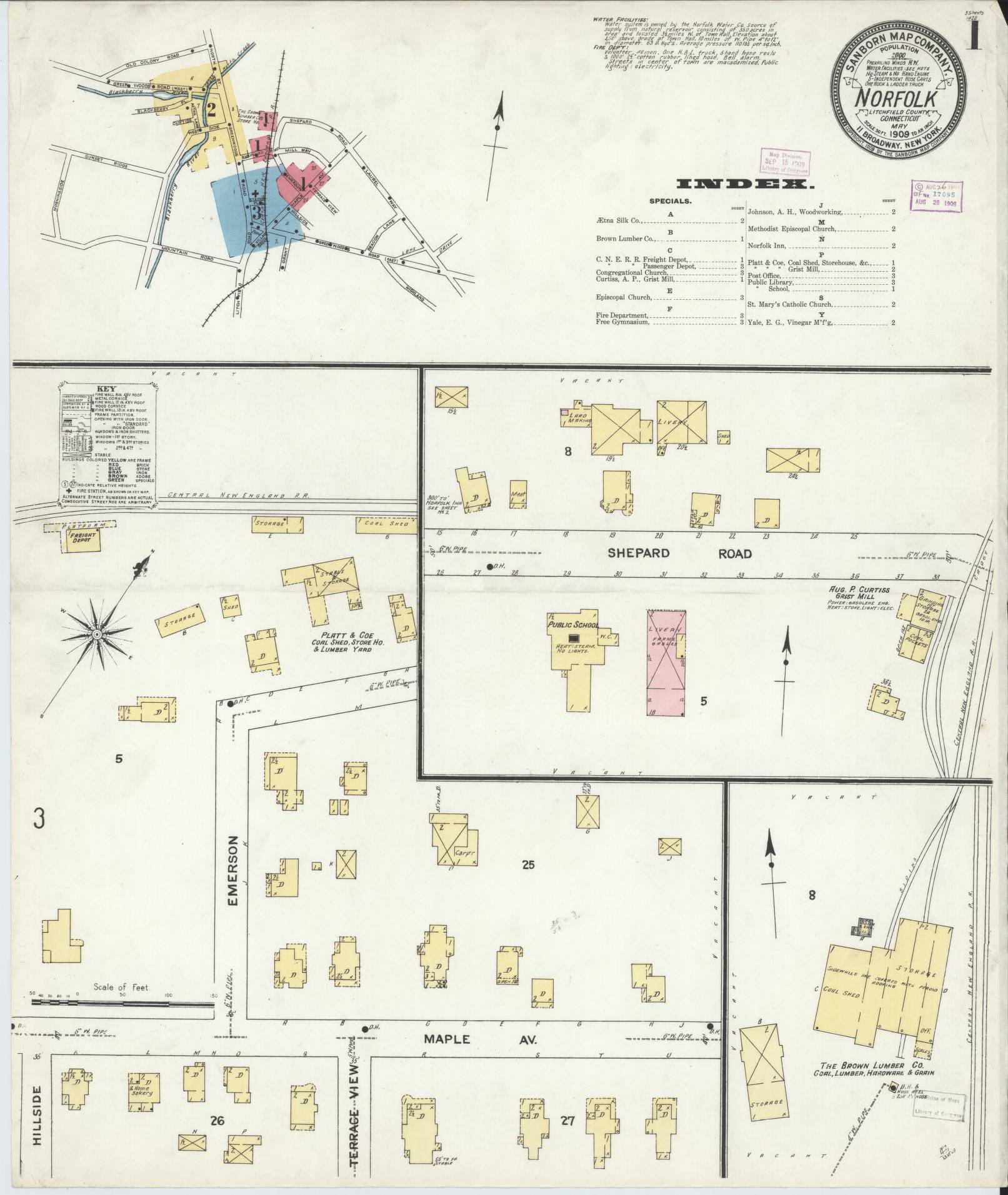 Sanborn Fire Insurance Map from Norfolk, Litchfield County, Connecticut (1909), Sheet #0001 - Historic Sanborn Fire Insurance Map Print, vintage old map wall art, antique decor, genealogy gift, Connecticut Connecticut map