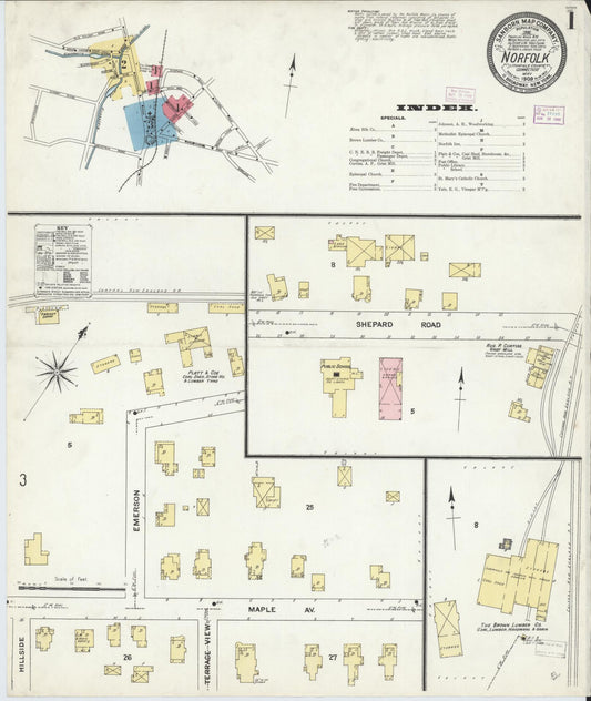 Sanborn Fire Insurance Map from Norfolk, Litchfield County, Connecticut (1909), Sheet #0001 - Historic Sanborn Fire Insurance Map Print, vintage old map wall art, antique decor, genealogy gift, Connecticut Connecticut map