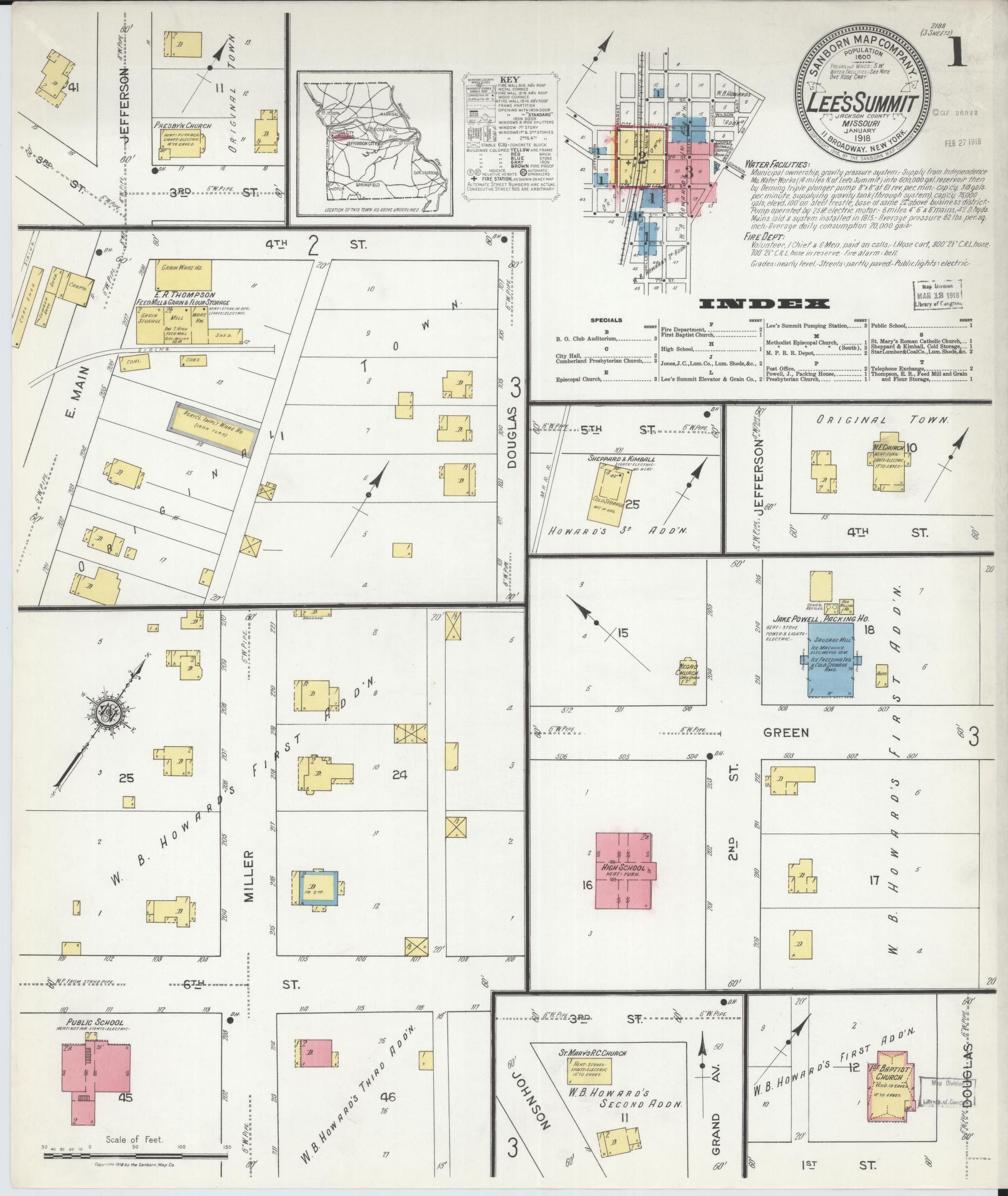 Sanborn Fire Insurance Map from Lee's Summit, Jackson County, Missouri (1918), Sheet #0001 - Historic Sanborn Fire Insurance Map Print, vintage old map wall art, antique decor, genealogy gift, Missouri Missouri map