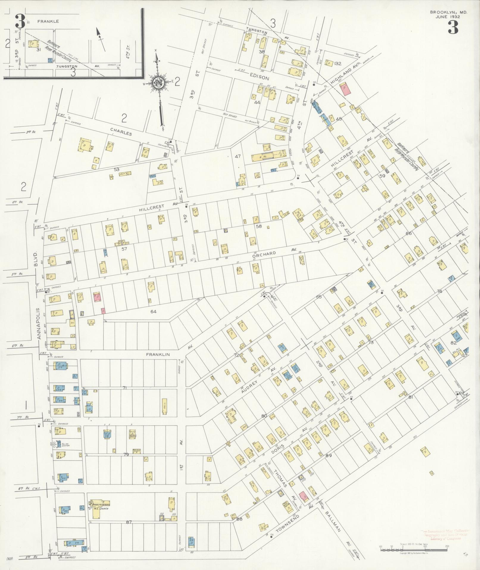 Anne Arundel, Maryland - 1932 - Sanborn Fire Insurance Map, Sheet #0003 - Historic Sanborn Fire Insurance Map Print, Anne Arundel Maryland 1932 0003 vintage old map wall art