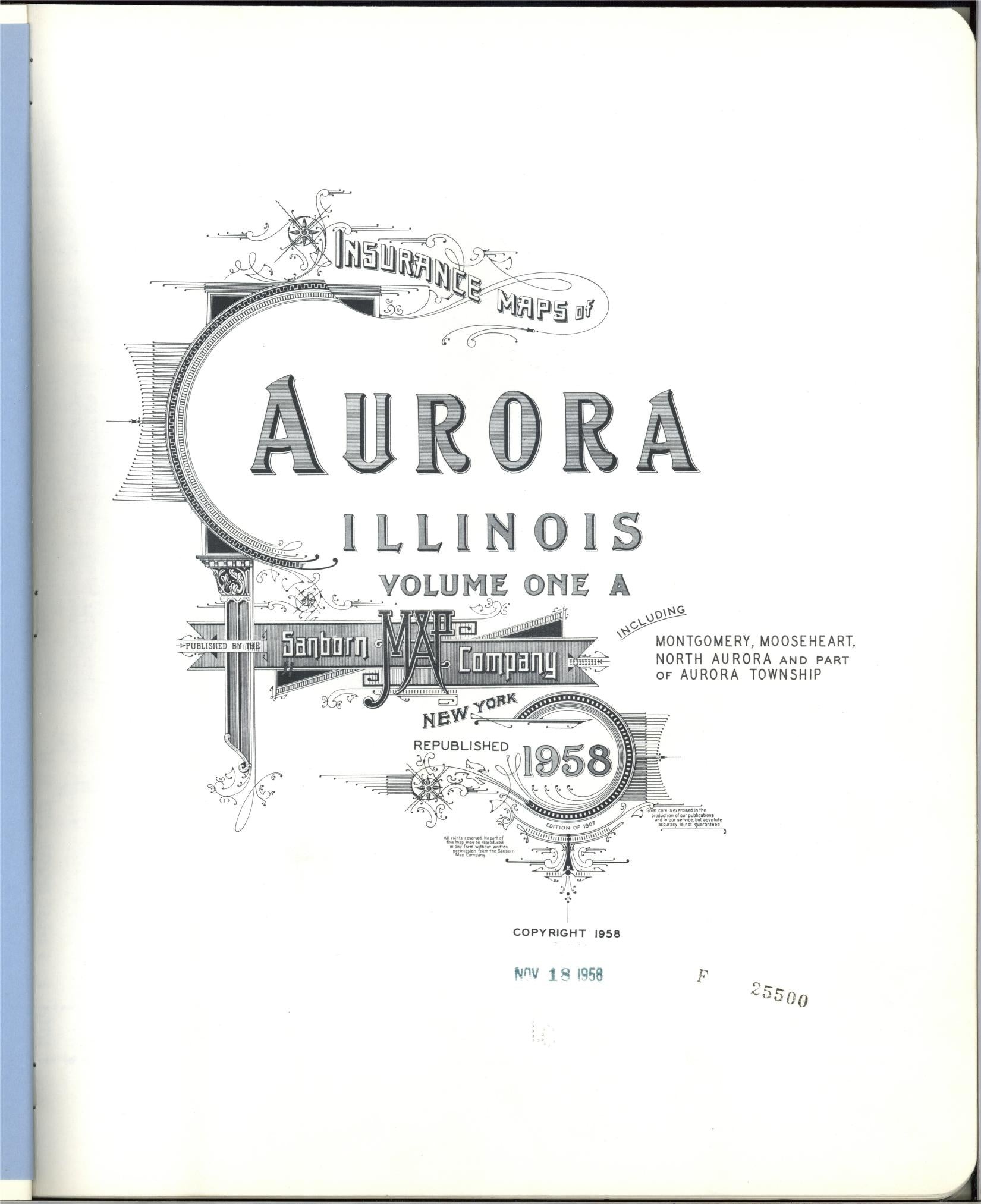 Sanborn Fire Insurance Map from Aurora, Kane County, Illinois (1958), Sheet #0001 - Complete Map Set gallery image, historic Sanborn map, vintage wall art, Illinois Illinois