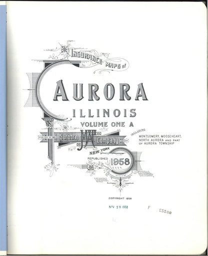 Sanborn Fire Insurance Map from Aurora, Kane County, Illinois (1958), Sheet #0001 - Complete Map Set gallery image, historic Sanborn map, vintage wall art, Illinois Illinois