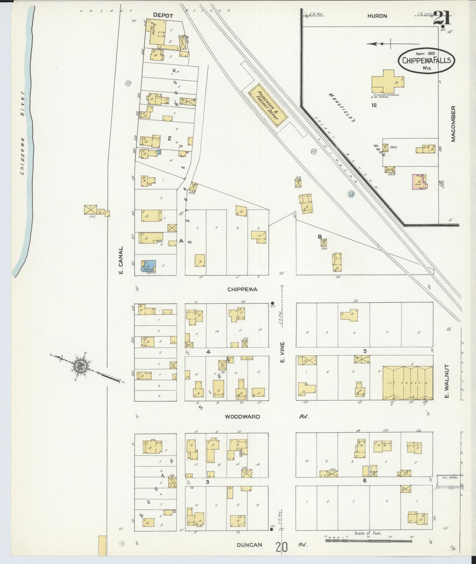 Sanborn Fire Insurance Map from Chippewa Falls, Chippewa County, Wisconsin (1910), Sheet #0021 - Complete Map Set gallery image, historic Sanborn map, vintage wall art, Wisconsin Wisconsin