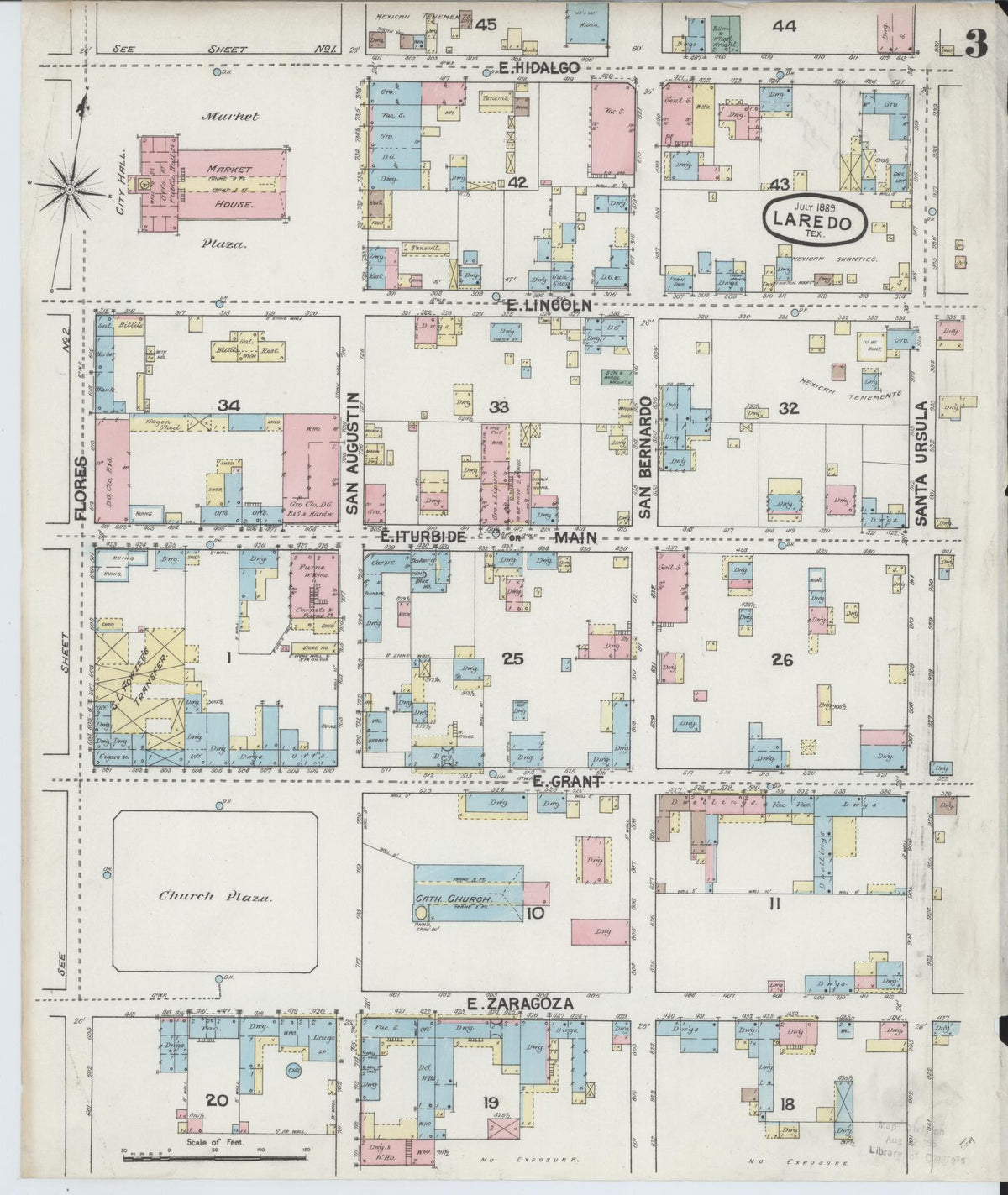 Sanborn Fire Insurance Map from Laredo, Webb County, Texas (1889), Sheet #0003 - Complete Map Set gallery image, historic Sanborn map, vintage wall art, Texas Texas