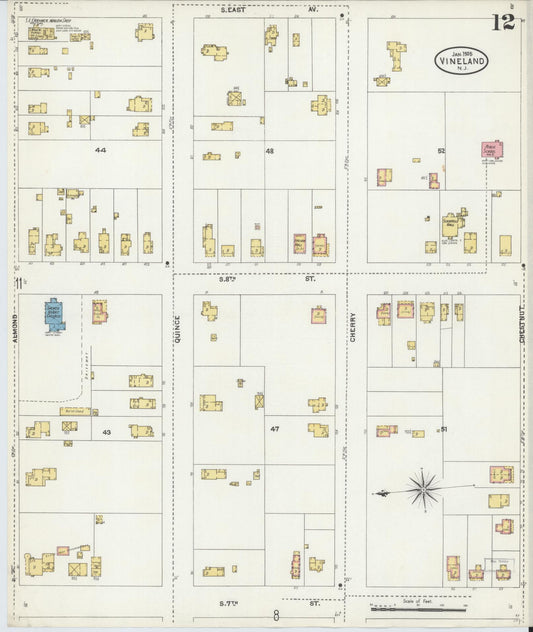Sanborn Fire Insurance Map from Vineland, Cumberland County, New Jersey (1906), Sheet #0012 - Historic Sanborn Fire Insurance Map Print, vintage old map wall art, antique decor, genealogy gift, New Jersey New Jersey map