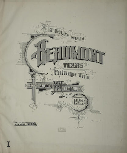 Sanborn Fire Insurance Map from Beaumont, Jefferson County, Texas (1929), Sheet #0001 - Historic Sanborn Fire Insurance Map Print, vintage old map wall art, antique decor, genealogy gift, Texas Texas map