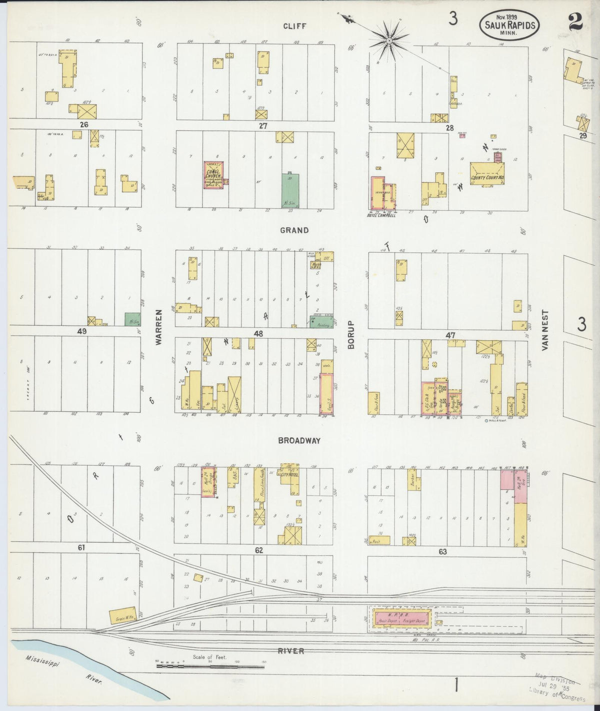 Sanborn Fire Insurance Map from Sauk Rapids, Benton County, Minnesota (1899), Sheet #0002 - Historic Sanborn Fire Insurance Map Print, vintage old map wall art, antique decor, genealogy gift, Minnesota Minnesota map