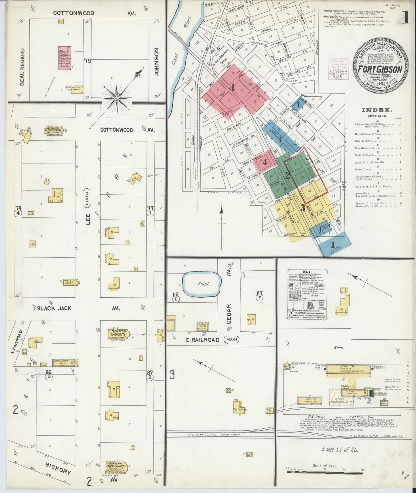 Sanborn Fire Insurance Map from Fort Gibson, Muskogee County, Oklahoma (1904), Sheet #0001 - Historic Sanborn Fire Insurance Map Print, vintage old map wall art, antique decor, genealogy gift, Oklahoma Oklahoma map