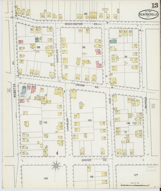 Sanborn Fire Insurance Map from New Rochelle, Westchester County, New York (1892), Sheet #0013 - Historic Sanborn Fire Insurance Map Print, vintage old map wall art, antique decor, genealogy gift, New York New York map