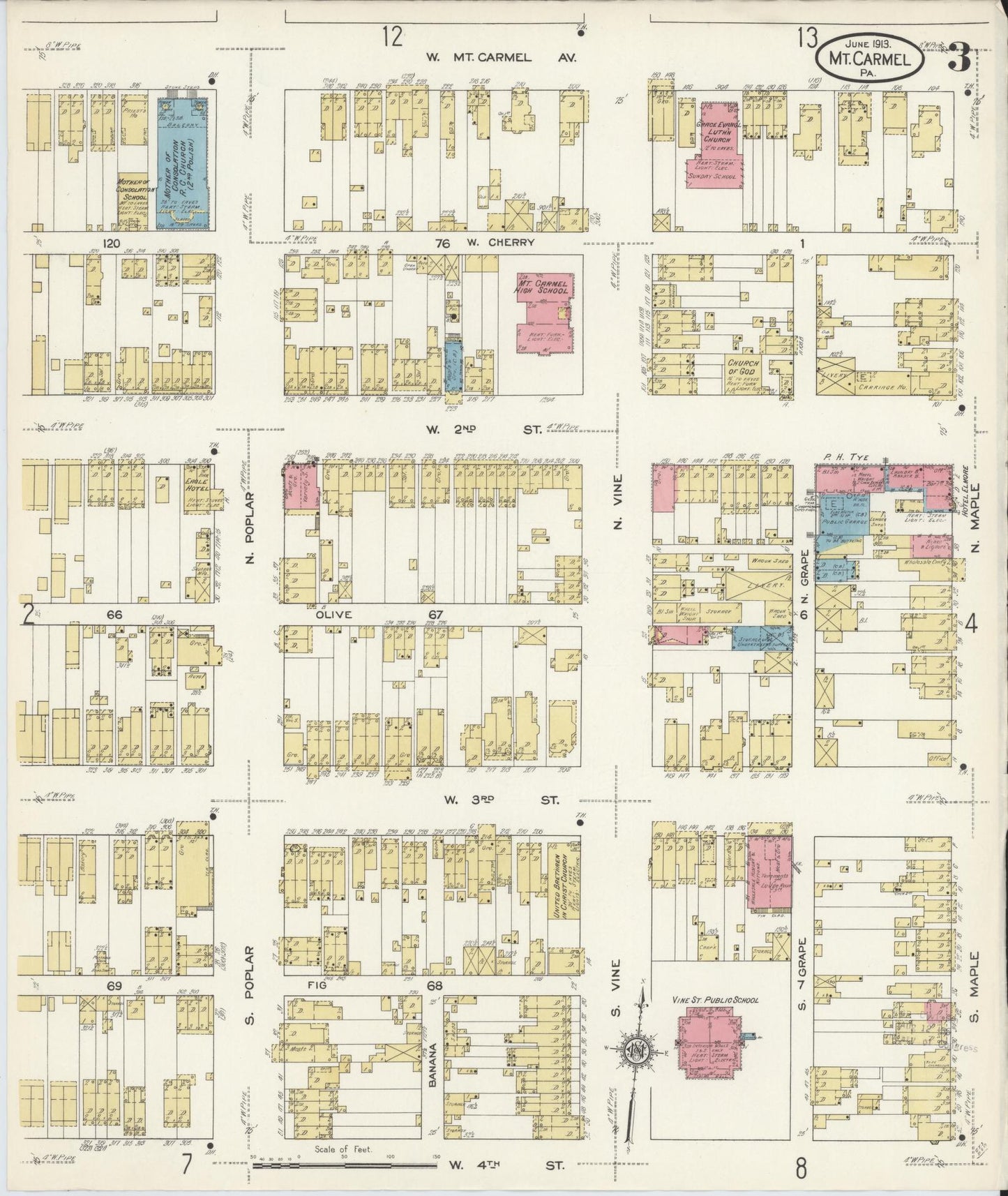 Sanborn Fire Insurance Map from Mount Carmel, Northumberland County, Pennsylvania (1913), Sheet #0003 - Historic Sanborn Fire Insurance Map Print, vintage old map wall art, antique decor, genealogy gift, Pennsylvania Pennsylvania map
