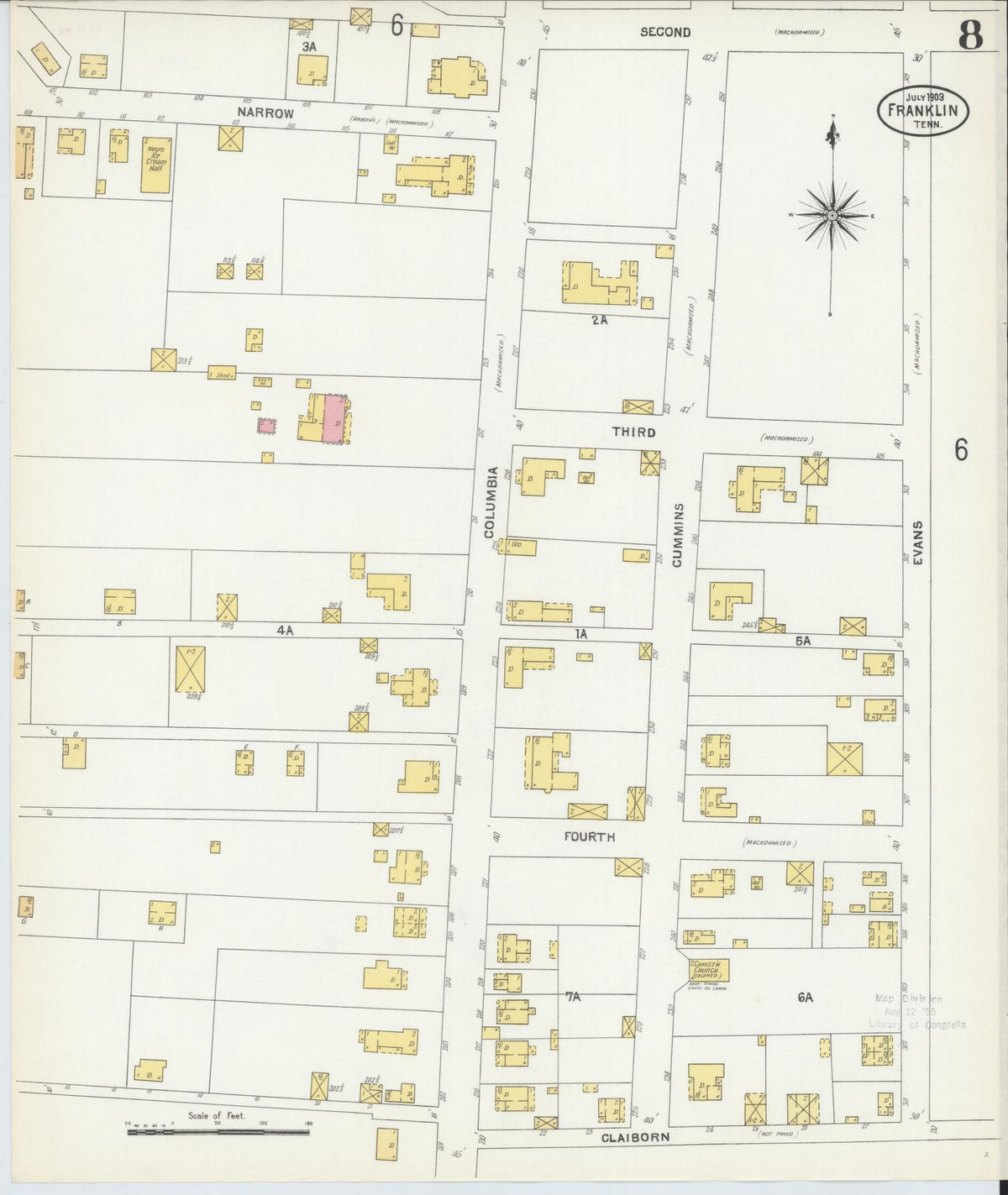 Sanborn Fire Insurance Map from Franklin, Williamson County, Tennessee (1903), Sheet #0008 - Historic Sanborn Fire Insurance Map Print, vintage old map wall art, antique decor, genealogy gift, Tennessee Tennessee map