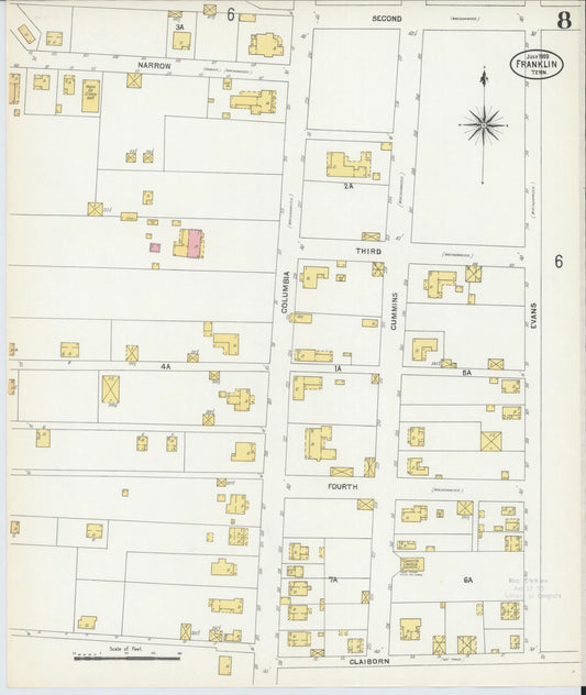 Sanborn Fire Insurance Map from Franklin, Williamson County, Tennessee (1903), Sheet #0008 - Historic Sanborn Fire Insurance Map Print, vintage old map wall art, antique decor, genealogy gift, Tennessee Tennessee map