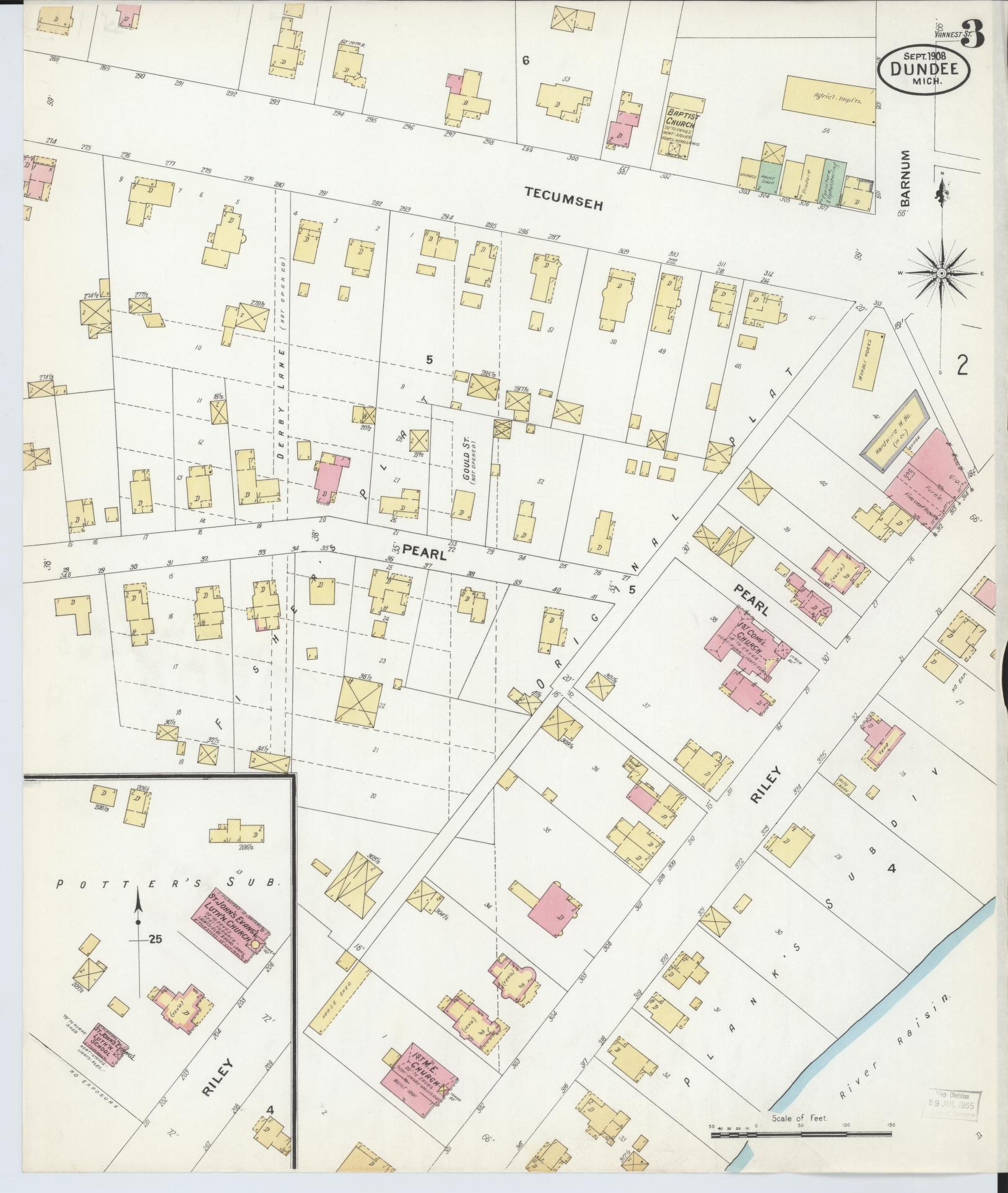 Sanborn Fire Insurance Map from Dundee, Monroe County, Michigan (1908), Sheet #0003 - Historic Sanborn Fire Insurance Map Print, vintage old map wall art, antique decor, genealogy gift, Michigan Michigan map