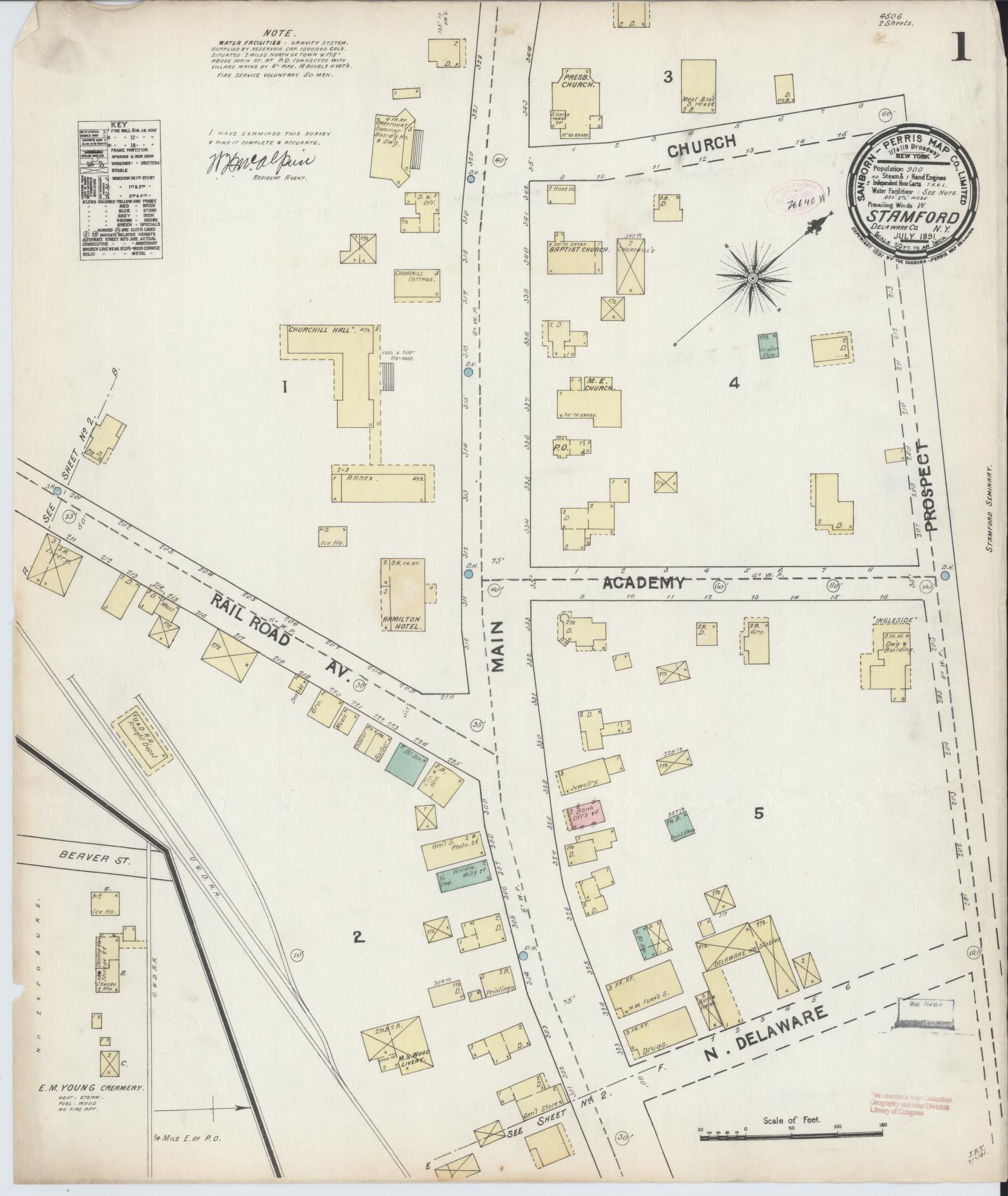 Sanborn Fire Insurance Map from Stamford, Delaware County, New York (1891), Sheet #0001 - Complete Map Set gallery image, historic Sanborn map, vintage wall art, Stamford Delaware