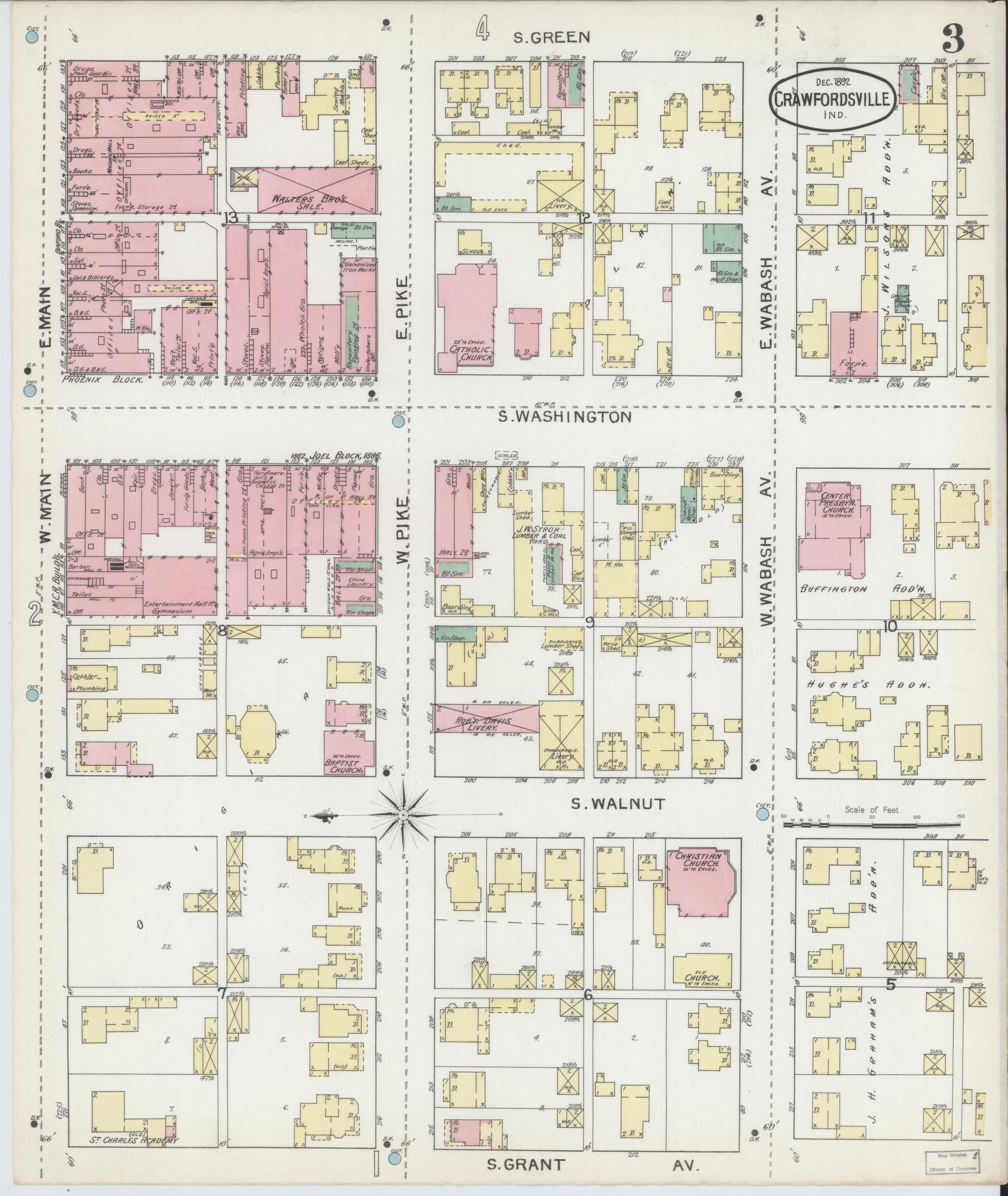 Sanborn Fire Insurance Map from Crawfordsville, Montgomery County, Indiana (1887), Sheet #0003 - Complete Map Set gallery image, historic Sanborn map, vintage wall art, Indiana Indiana