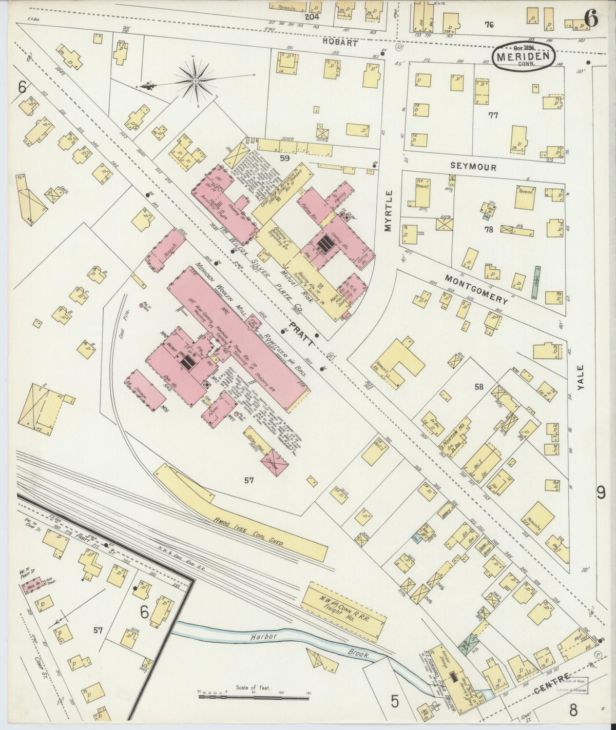 Sanborn Fire Insurance Map from Meriden, New Haven County, Connecticut (1896), Sheet #0006 - Historic Sanborn Fire Insurance Map Print, vintage old map wall art, antique decor, genealogy gift, Connecticut Connecticut map