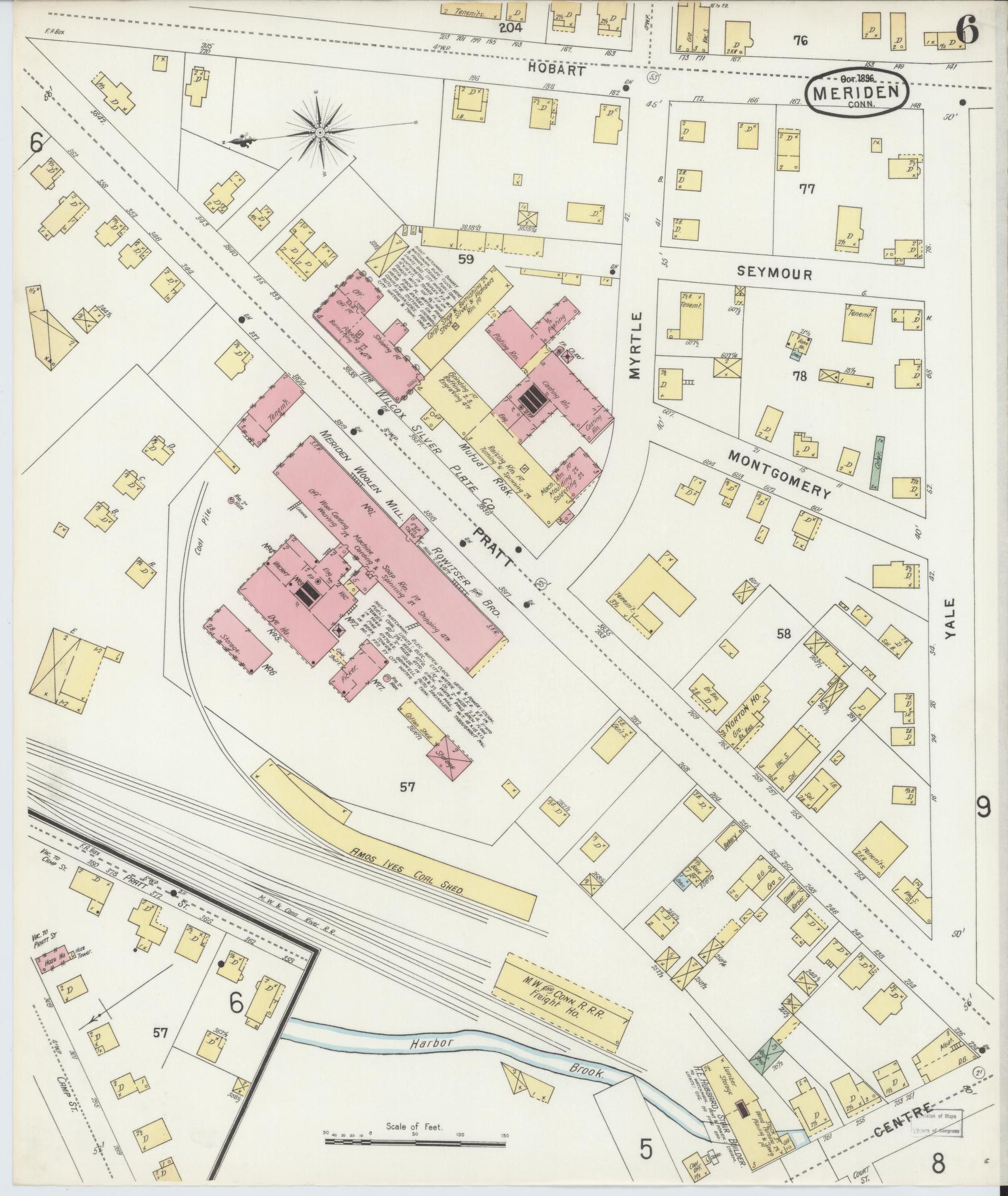 Sanborn Fire Insurance Map from Meriden, New Haven County, Connecticut (1896), Sheet #0006 - Historic Sanborn Fire Insurance Map Print, vintage old map wall art, antique decor, genealogy gift, Connecticut Connecticut map