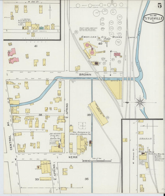 Sanborn Fire Insurance Map from Titusville, Crawford County, Pennsylvania (1893), Sheet #0005 - Historic Sanborn Fire Insurance Map Print, vintage old map wall art, antique decor, genealogy gift, Pennsylvania Pennsylvania map