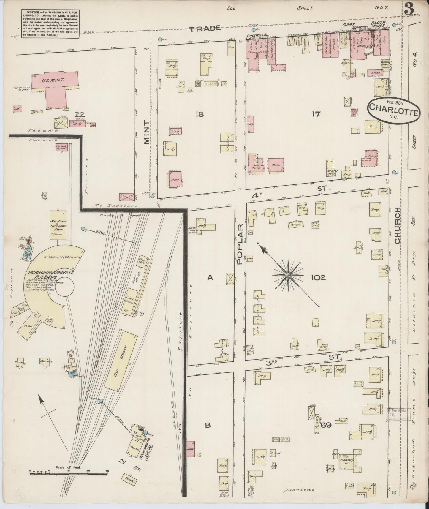 Sanborn Fire Insurance Map from Charlotte, Mecklenburg County, North Carolina (1885), Sheet #0003 - Complete Map Set gallery image, historic Sanborn map, vintage wall art, North Carolina North Carolina