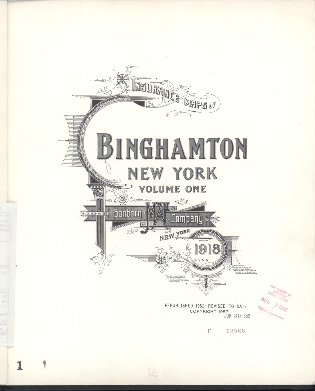 Sanborn Fire Insurance Map from Binghamton, Broome County, New York (1952), Sheet #0001 - Historic Sanborn Fire Insurance Map Print, vintage old map wall art, antique decor, genealogy gift, New York New York map