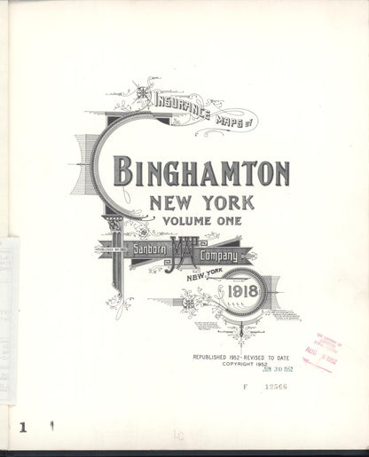 Sanborn Fire Insurance Map from Binghamton, Broome County, New York (1952), Sheet #0001 - Historic Sanborn Fire Insurance Map Print, vintage old map wall art, antique decor, genealogy gift, New York New York map
