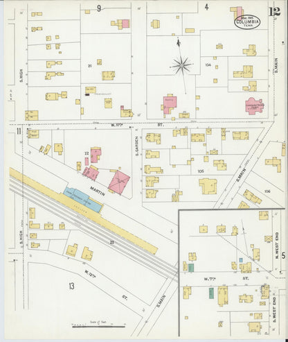 Sanborn Fire Insurance Map from Columbia, Maury County, Tennessee (1905), Sheet #0012 - Complete Map Set gallery image, historic Sanborn map, vintage wall art, Tennessee Tennessee