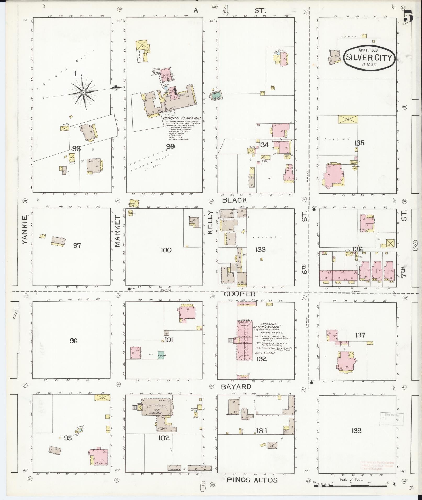 Sanborn Fire Insurance Map from Silver City, Grant County, New Mexico (1893), Sheet #0005 - Historic Sanborn Fire Insurance Map Print, vintage old map wall art, antique decor, genealogy gift, New Mexico New Mexico map