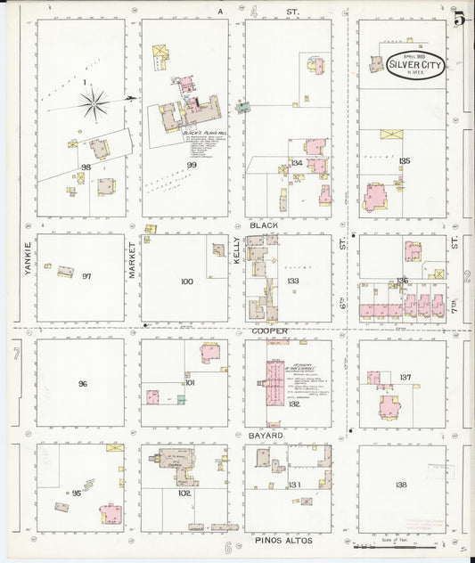 Sanborn Fire Insurance Map from Silver City, Grant County, New Mexico (1893), Sheet #0005 - Historic Sanborn Fire Insurance Map Print, vintage old map wall art, antique decor, genealogy gift, New Mexico New Mexico map