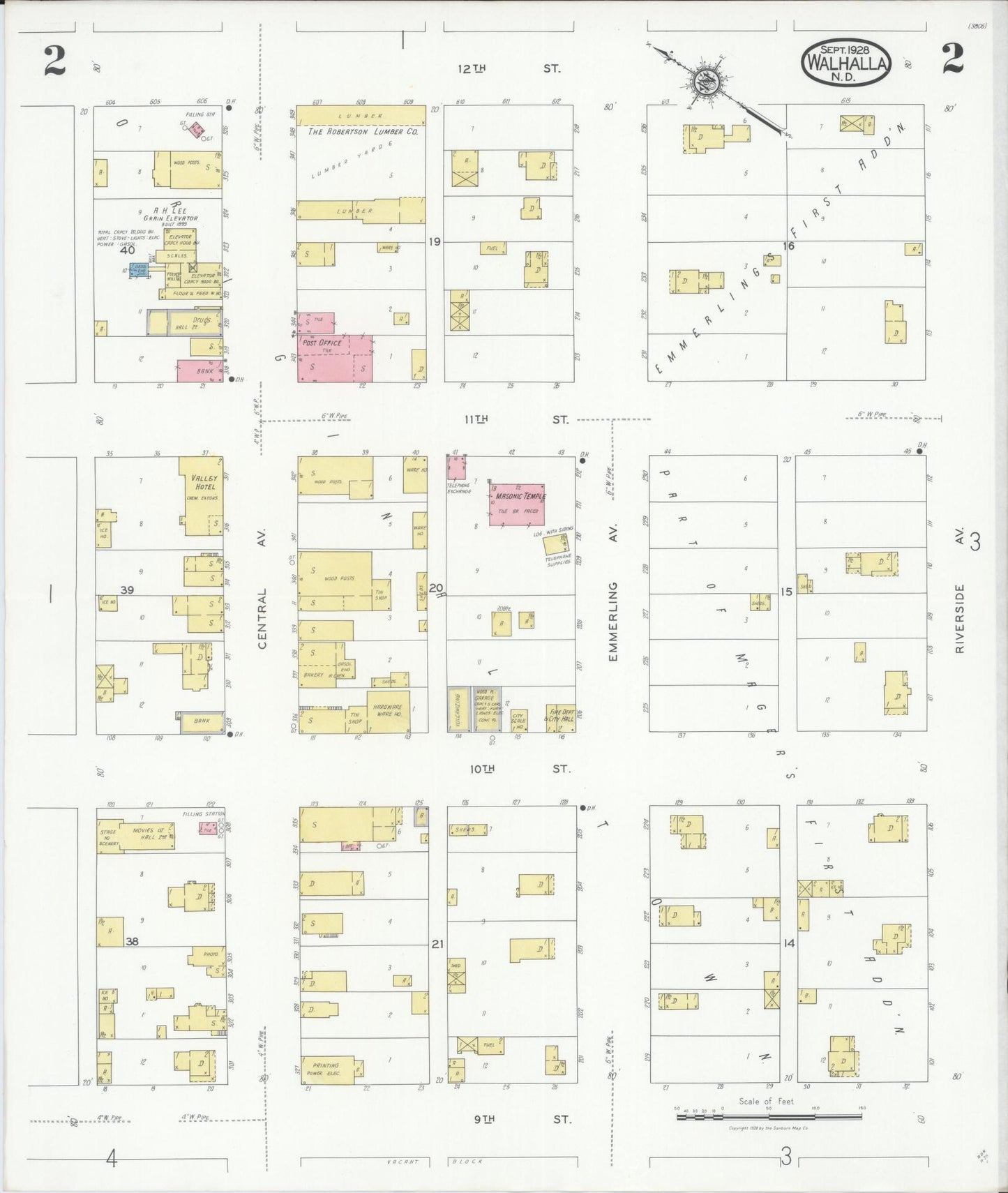 Sanborn Fire Insurance Map from Walhalla, Pembina County, North Dakota (1928), Sheet #0002 - Historic Sanborn Fire Insurance Map Print, vintage old map wall art, antique decor, genealogy gift, North Dakota North Dakota map