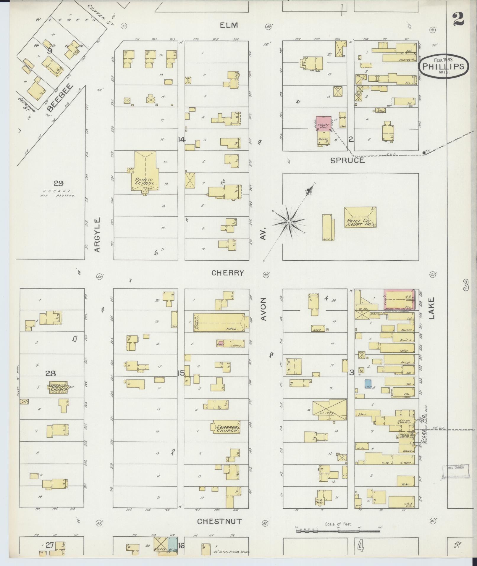 Sanborn Fire Insurance Map from Phillips, Price County, Wisconsin (1893), Sheet #0002 - Complete Map Set gallery image, historic Sanborn map, vintage wall art, Wisconsin Wisconsin