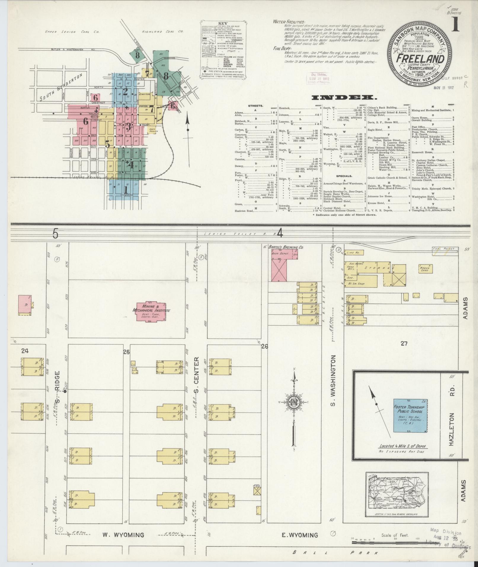 Sanborn Fire Insurance Map from Freeland, Luzerne County, Pennsylvania (1912), Sheet #0001 - Historic Sanborn Fire Insurance Map Print, vintage old map wall art, antique decor, genealogy gift, Pennsylvania Pennsylvania map