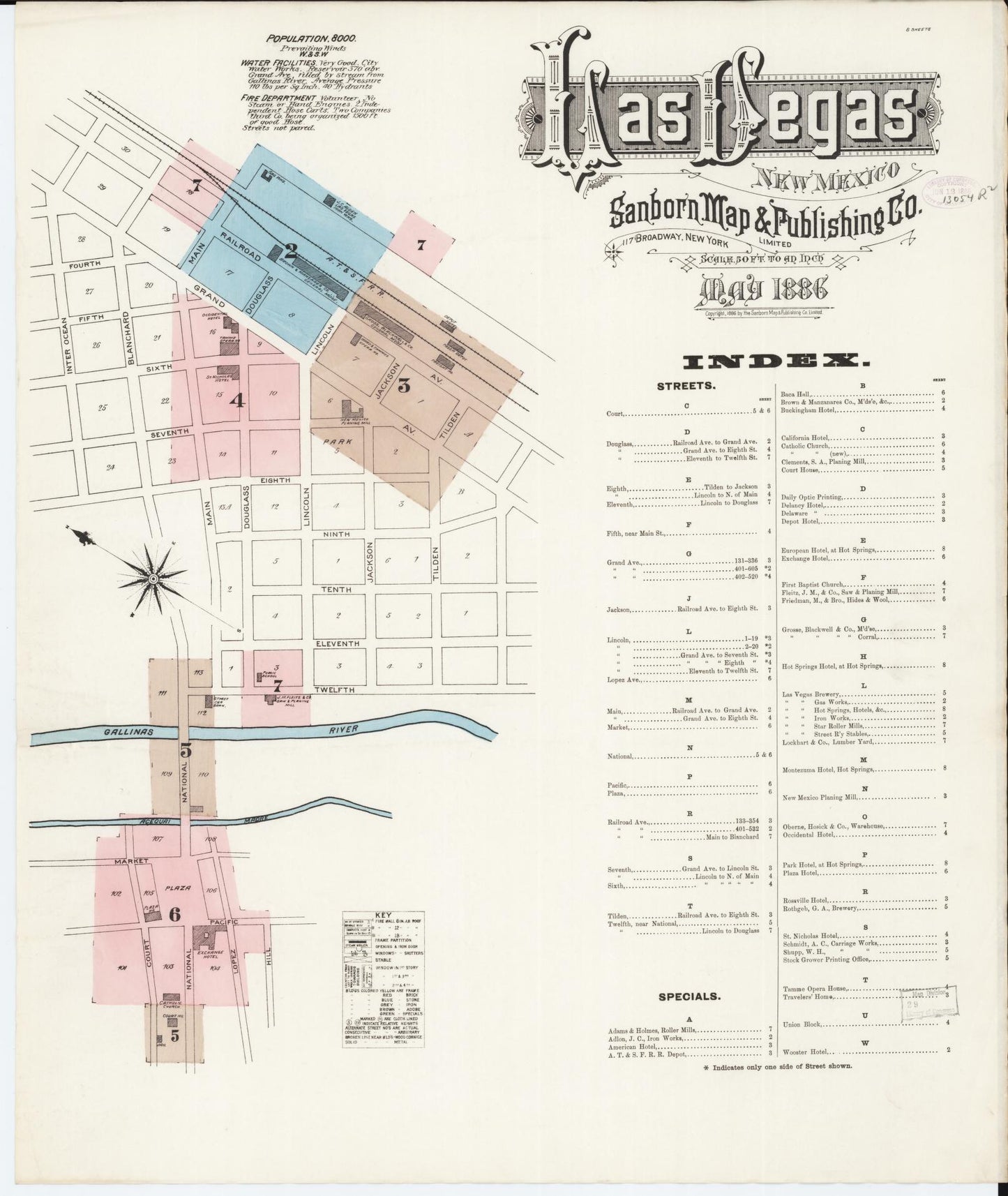 Sanborn Fire Insurance Map from Las Vegas, San Miguel County, New Mexico (1886), Sheet #0001 - Historic Sanborn Fire Insurance Map Print, vintage old map wall art, antique decor, genealogy gift, New Mexico New Mexico map