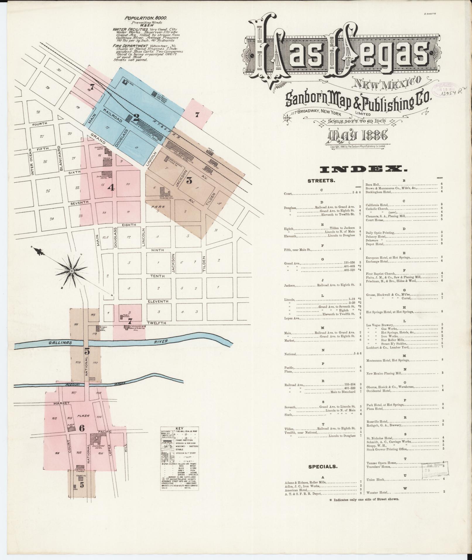 Sanborn Fire Insurance Map from Las Vegas, San Miguel County, New Mexico (1886), Sheet #0001 - Historic Sanborn Fire Insurance Map Print, vintage old map wall art, antique decor, genealogy gift, New Mexico New Mexico map